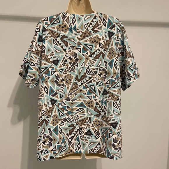 Tafford Tan Teal Aztec Print Scrub Top Medium Cotton/Poly Blend - Picture 2 of 7